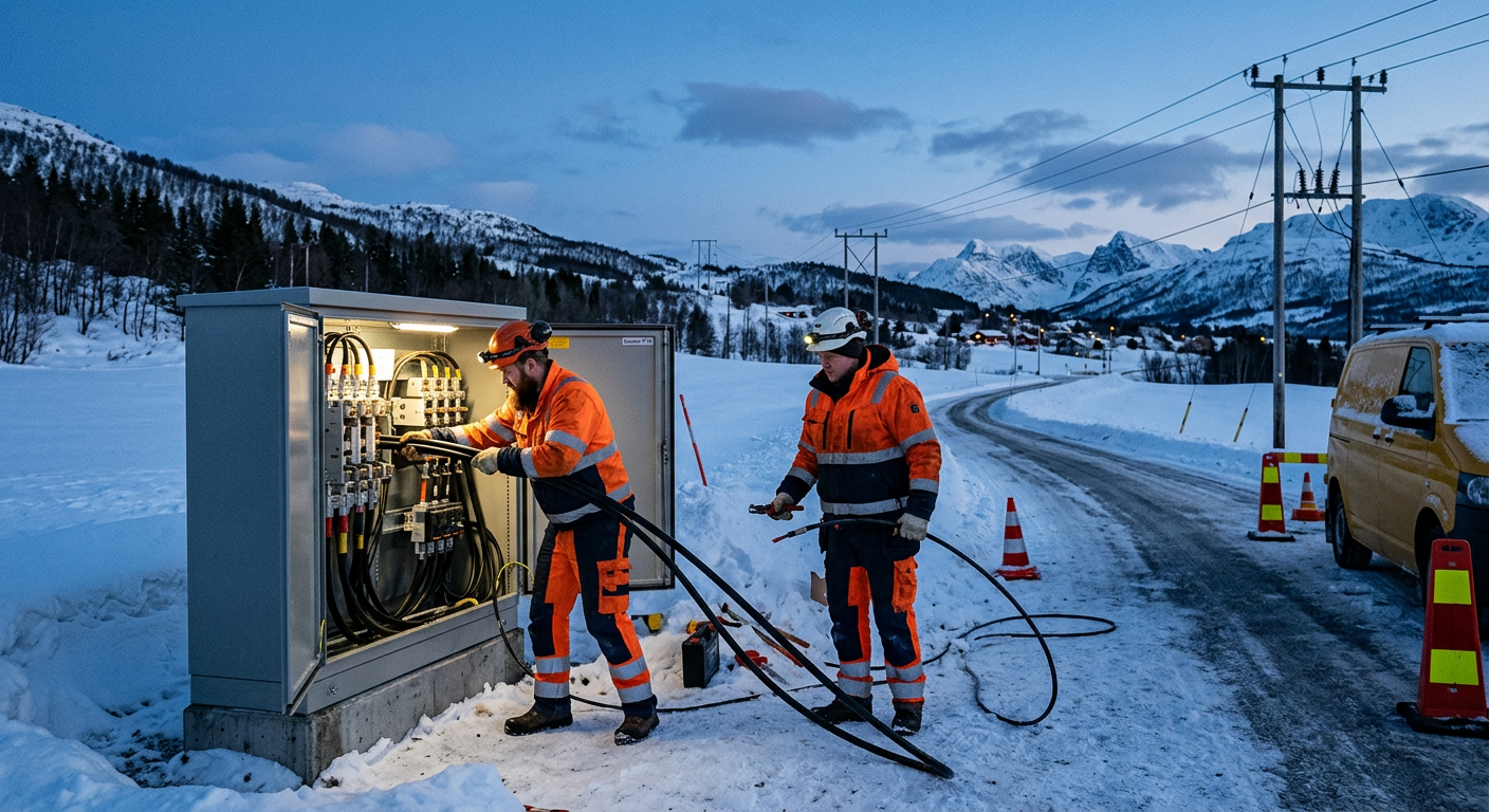 To montører fra Link Energi jobber ved et kabelskap en vinterkveld